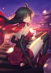  ahoge architecture backless_outfit black_hair east_asian_architecture fate/grand_order fate_(series) katou_danzou_(fate/grand_order) long_hair looking_at_viewer looking_back official_art petals robot_joints rooftop sitting solo sunrise yangsion 