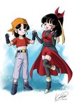  black_eyes black_hair bow check_commentary commentary_request dragon_ball dragon_ball_gt dragon_ball_heroes hair_bow hair_ribbon hands_together karoine midriff note_(dragon_ball) one_eye_closed pan_(dragon_ball) ponytail pose ribbon saiyan tail thighhighs 