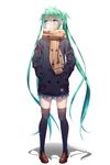  black_legwear coat geduan green_eyes green_hair hands_in_pockets hatsune_miku highres loafers long_hair looking_away md5_mismatch pigeon-toed scarf shoes simple_background skirt solo thighhighs twintails very_long_hair vocaloid white_background 