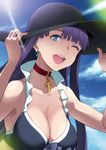  ;d bangs bare_arms bare_shoulders bikini_top black_bikini_top black_hat blue_eyes blue_sky blunt_bangs breasts choker cleavage cloud collarbone cross day earrings fate/grand_order fate_(series) frilled_bikini_top hands_on_headwear hat highres jewelry large_breasts light_rays long_hair looking_at_viewer one_eye_closed open_mouth pendant purple_hair puyo red_neckwear saint_martha saint_martha_(swimsuit_ruler)_(fate) sketch sky smile solo straight_hair sunbeam sunlight upper_body 