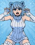  akairiot animal_ears bare_shoulders bear_ears blue blue_eyes blue_hair breasts character_request claw_pose commentary detached_sleeves dress emphasis_lines fangs frostbite_(tournament) highres large_breasts mascot meme_attire ribbed_legwear ribbed_sleeves ribbed_sweater short_hair solo sweater sweater_dress thick_eyebrows thighhighs turtleneck turtleneck_sweater virgin_killer_sweater zettai_ryouiki 