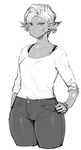  :&lt; alternate_hair_length alternate_hairstyle breasts casual cropped_legs dark_elf dark_skin denim elf elf-san_wa_yaserarenai. greyscale hand_on_hip highres jeans kuroeda-san looking_at_viewer mole mole_under_eye monochrome pants pointy_ears short_hair simple_background small_breasts solo synecdoche thick_thighs thighs white_background wide_hips 