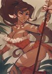  bare_shoulders breasts brown_eyes cleavage dark_skin facepaint forehead_jewel iahfy jewelry league_of_legends lips long_hair medium_breasts necklace nidalee polearm ponytail red_eyes solo spear thighs toned tooth_necklace tribal weapon 