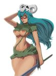  1girl arrancar artist_request bent_over bleach blush breasts curvy facial_mark green_hair large_breasts nelliel_tu_odelschwanck nipples no_bra no_panties puffy_nipples shiny shiny_skin short_hair skindentation skull solo source_request weapon 