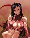  abs artist_name bangs black_hair bowalia breasts glasses head_tilt large_breasts long_hair looking_at_viewer muscle muscular_female navel original parted_bangs pink_lips purple_eyes shadow shiny shiny_skin smile solo upper_body very_long_hair 