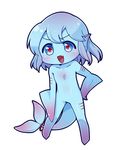  :d bangs blue_eyes blue_hair blue_sclera blue_skin chibi eyebrows_visible_through_hair fang filet_(kai_himo) fish_tail full_body gills gradient_hair hand_on_hip head_fins kai_himo legs_apart looking_at_viewer monster_girl multicolored_hair no_feet no_hands open_mouth original pink_hair red_pupils short_hair simple_background smile solo standing tail white_background 