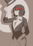  1girl 3four alternate_costume black_hair breasts formal gloves hat highlights highres kill_la_kill looking_at_viewer matoi_ryuuko multicolored_hair red_hair short_hair simple_background smile solo streaked_hair top_hat two-tone_hair 