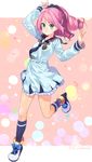  aikatsu!_(series) aikatsu_stars! arms_up bangs black_legwear black_neckwear blue_eyes bow closed_mouth dress drill_hair eyebrows_visible_through_hair frilled_dress frills full_body highres kerorira leg_up long_hair long_sleeves looking_at_viewer necktie outside_border pink_background pink_hair polka_dot polka_dot_background sailor_dress sakuraba_rola scrunchie shoe_bow shoes short_dress smile socks solo standing standing_on_one_leg white_dress white_footwear 