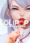  1girl 3four blue_eyes candy commentary dagashi_kashi food hairband lollipop looking_at_viewer medium_hair nail_polish purple_hair red_nails ringed_eyes shidare_hotaru solo 