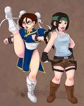  2girls american_dad! boots breasts brown_hair chun-li gloves hayley_smith leg_up multiple_girls spikes 