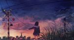  amenomori_howa bird black_hair cityscape commentary_request from_behind gradient_sky grass original outdoors outstretched_arm pointing pointing_to_the_side power_lines railroad_crossing school_uniform serafuku short_hair sky sleeves_rolled_up solo standing sunset twilight 