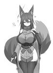  =_= absurdres animal_ear_fluff animal_ears bangs bare_shoulders blush breasts bridal_gauntlets closed_eyes commentary cowboy_shot eyebrows_visible_through_hair facing_viewer fox_ears fox_tail greyscale hair_between_eyes hair_ornament hairclip hairpin hand_on_own_chest heart highres huge_breasts japanese_clothes kimono kiri_(sub-res) legs_together long_hair monochrome notched_ear obi original sash simple_background skindentation smile solo standing sub-res tail thighhighs thighs white_background 