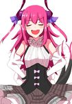  absurdres bare_shoulders blush bow closed_eyes corset curled_horns dragon_horns dragon_tail elbow_gloves elizabeth_bathory_(fate) elizabeth_bathory_(fate)_(all) fang fate/extra fate/extra_ccc fate/grand_order fate_(series) gloves guritto hands_on_hips highres horns long_hair open_mouth pink_hair plaid plaid_skirt pointy_ears simple_background sketch skirt smile solo tail tail_wagging white_background 