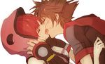  1girl blush breasts brown_hair cleavage closed_eyes french_kiss gauntlets hands_on_another's_back hands_on_another's_face hetero hood hoodie hug kairi_(kingdom_hearts) kingdom_hearts kingdom_hearts_iii kiss medium_breasts ramochi_(auti) red_hair saliva short_hair simple_background sora_(kingdom_hearts) sweatdrop tongue tongue_out white_background 