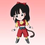  1girl artist_request breasts chibi dragon_ball dragon_ball_heroes female full_body happy long_hair note_(dragon_ball) ponytail simple_background smile solo standing tail 