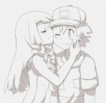  cheek_kiss couple dress greyscale hat hetero kiss kuriyama lillie_(pokemon) long_hair monochrome pokemon pokemon_(anime) pokemon_sm_(anime) satoshi_(pokemon) short_hair sun_hat sundress twin_braids 