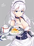 azur_lane bangs bare_shoulders belfast_(azur_lane) blue_eyes braid breasts cake chain choker cleavage collarbone commentary_request covered_nipples cup eyebrows_visible_through_hair food french_braid gauntlets grey_background highres hoshimiya_mashiro large_breasts long_hair looking_at_viewer maid maid_headdress signature smile solo teacup teapot tray very_long_hair white_hair 
