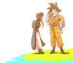  1girl artist_name black_eyes black_hair boots chi-chi_(dragon_ball) chinese_clothes couple dirty dirty_clothes dougi dragon_ball hands_together long_hair looking_at_another miiko_(drops7) open_mouth ponytail short_hair simple_background smile son_gokuu white_background wristband 