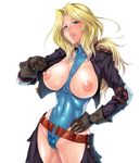  00s 1girl areolae blonde_hair blue_eyes breasts curvy female large_breasts leotard lilith-soft long_hair nipples open_mouth patty_venkman puffy_nipples pussy_juice shiny shiny_skin standing taimanin_(series) taimanin_asagi taimanin_asagi_battle_arena zol 