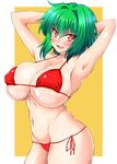  :d armpits arms_behind_head arms_up bikini blush breasts cleavage collarbone commentary_request covered_nipples cowboy_shot eyebrows_visible_through_hair groin hair_between_eyes huge_breasts kazami_yuuka looking_at_viewer navel open_mouth red_bikini red_ribbon ribbon sawa_(snack_yoshie) shiny shiny_skin short_hair side-tie_bikini skindentation smile solo standing stomach swimsuit touhou tsurime two-tone_background underboob v-shaped_eyebrows yellow_background 