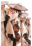  ajirogasa bangs bird black_hair closed_mouth commentary cowboy_shot feathers frown hat holding japanese_clothes looking_at_viewer pointy_ears red_eyes shameimaru_aya short_hair standing star tetsurou_(fe+) touhou veil wide_sleeves wings 