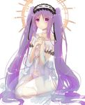  black_bow black_ribbon bow bow_panties chieezuik choker collarbone expressionless fate/grand_order fate_(series) flat_chest hairband halo hands_clasped highres lolita_hairband long_hair looking_at_viewer own_hands_together panties purple_eyes purple_hair ribbon see-through sitting solo stheno twintails underwear veil very_long_hair white_background white_bow 