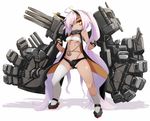  absurdly_long_hair anchor asymmetrical_legwear azur_lane bandeau bangs bare_shoulders black_shorts blue_eyes breasts cannon collar dark_skin facepaint fingerless_gloves full_body gloves heterochromia highres horns indianapolis_(azur_lane) karukan_(monjya) long_hair looking_at_viewer mechanical_arm medium_breasts navel open_mouth partially_visible_vulva pink_hair revealing_clothes short_shorts shorts single_thighhigh solo standing thighhighs twintails underboob very_long_hair vest white_legwear 
