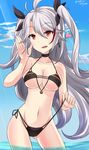  :d azur_lane bikini black_bikini breasts brown_eyes choker cleavage cloud cloudy_sky collarbone commentary_request covered_nipples cross cross_earrings day earring_removed earrings hair_ribbon hebitsukai-san highres horizon iron_cross jewelry large_breasts light_rays long_hair looking_at_viewer multi-strapped_bikini navel ocean open_mouth prinz_eugen_(azur_lane) ribbon shiny shiny_skin silver_hair skindentation sky slit_pupils smile solo swimsuit two_side_up untied untied_bikini wading 