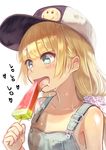  baseball_cap blonde_hair blush brat collarbone eyebrows_visible_through_hair food hat heart heart-shaped_pupils highres licking long_hair looking_away open_mouth original overalls popsicle smile solo symbol-shaped_pupils tongue tongue_out upper_body watermelon_bar 