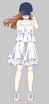  arm_behind_back bare_legs bare_shoulders baseball_cap blue_hat closed_mouth collarbone covering_face dress facing_viewer floating_hair full_body hand_on_headwear hat hat_over_eyes layered_dress legs_apart long_hair mattaku_mousuke no_socks orange_hair original shoes sleeveless sleeveless_dress smile sneakers solo standing sundress white_dress 