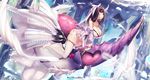  :o bare_shoulders black_hair breasts cleavage commentary_request detached_sleeves dk.senie dress headdress highres horns large_breasts long_hair monster_girl original panties purple_eyes revision solo strapless strapless_dress tail thighhighs underwear white_legwear 