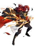  88_taho alvis_(fire_emblem) book boots cape detached_sleeves fire fire_emblem fire_emblem:_seisen_no_keifu fire_emblem_heroes full_body highres holding holding_book knee_boots long_hair long_sleeves looking_away magic male_focus official_art pants parted_lips red_eyes red_hair solo torn_clothes transparent_background 