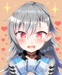  blush closers eyebrows_visible_through_hair grey_hair heart heart-shaped_pupils highres long_hair money open_mouth red_eyes saliva smile solo sparkle symbol-shaped_pupils tina_(closers) tttanggvl upper_body wavy_mouth 