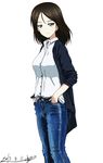  artist_name bangs black_coat black_hair blue_eyes bukkuri casual closed_mouth collared_shirt dated denim girls_und_panzer hands_in_pockets jeans light_smile long_hair long_sleeves looking_at_viewer nonna pants shirt signature sleeves_rolled_up solo standing swept_bangs white_shirt 