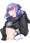  absurdres blue_eyes blue_ribbon blush closed_mouth commentary_request fate/extra fate/extra_ccc fate/grand_order fate_(series) gggg hair_ribbon highres long_hair long_sleeves meltlilith navel profile purple_hair ribbon solo stomach sweat upper_body wide_sleeves 