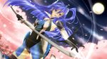  bare_shoulders blue_hair bodysuit cherry_blossoms dutch_angle elbow_gloves full_moon gloves hair_between_eyes katana kazanari_tsubasa marocha moon one_side_up open_mouth purple_eyes senki_zesshou_symphogear solo sword weapon 