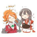  =_= akagi_(kantai_collection) aquila_(kantai_collection) black_hair commentary_request high_ponytail jacket japanese_clothes juliet_sleeves kantai_collection long_hair long_sleeves lowres multiple_girls muneate open_mouth orange_hair puffy_sleeves rebecca_(keinelove) red_jacket short_hair short_sleeves simple_background smile sparkle tasuki white_background 