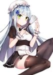  absurdres alternate_costume apron bada_(jksh5056) bangs black_bow black_dress black_legwear black_neckwear blunt_bangs blush bow bowtie cleavage_cutout closed_mouth dress duster enmaided eyebrows_visible_through_hair facepaint girls_frontline green_eyes hat highres hk416_(girls_frontline) holding knee_up long_hair looking_at_viewer maid mob_cap puffy_short_sleeves puffy_sleeves short_sleeves silver_hair simple_background sitting solo straight_hair thighhighs very_long_hair waist_apron white_apron white_background white_hat wrist_cuffs zettai_ryouiki 