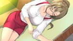  breasts brown_hair closed_eyes facing_viewer glasses highres large_breasts lying miracle_hoshi miyoshi_maiko on_side original ponytail red_skirt skirt 