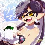  1girl aori_(splatoon) artist_name black_hair breasts cleavage detached_collar domino_mask earrings fangs food food_on_head gloves holding holding_food isamu-ki_(yuuki) jewelry long_hair looking_at_viewer mask medium_breasts mole mole_under_eye object_on_head onigiri open_mouth pointy_ears signature smile solo splatoon_(series) splatoon_1 strapless sushi tentacle_hair translated upper_body white_gloves yellow_eyes 