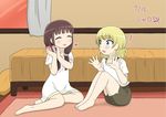  2girls :d :o ^_^ alternate_hairstyle aqua_eyes bangs bare_legs barefoot bed blonde_hair blunt_bangs blush box breasts brown_hair brown_shorts carpet casual closed_eyes collarbone commentary_request curtains dated dress eyebrows_visible_through_hair flat_chest full_body gift gift_box gochuumon_wa_usagi_desu_ka? hair_ornament hair_scrunchie heart holding holding_gift indoors karigane_yuuma kirima_sharo long_hair looking_at_another low_twintails multiple_girls open_mouth scrunchie shirt short_hair short_sleeves short_twintails shorts sitting small_breasts smile sunset t-shirt toes twintails ujimatsu_chiya white_dress white_shirt window 