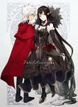  1girl absurdly_long_hair amakusa_shirou_(fate) bare_shoulders black_dress black_hair boots breasts bridal_gauntlets cape cleavage copyright_name dark_skin dress earrings elbow_gloves fate/apocrypha fate_(series) fur_trim gloves hand_on_another's_shoulder high_heel_boots high_heels highres jewelry large_breasts long_hair looking_at_viewer pointy_ears semiramis_(fate) smile strsouko very_long_hair white_hair yellow_eyes 