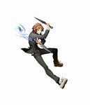  blazblue:_cross_tag_battle dual_wielding grin hanamura_yousuke headphones highres higuchi_konomi holding kunai male_focus official_art persona persona_4:_the_ultimate_in_mayonaka_arena shoes smile sneakers solo weapon 
