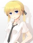  black_neckwear black_ribbon blonde_hair blue_eyes blush collared_shirt doria_(5073726) eyebrows_visible_through_hair hair_ribbon hand_on_hip kill_me_baby long_hair looking_at_viewer parted_lips ribbon shirt short_sleeves solo sonya_(kill_me_baby) twintails upper_body 