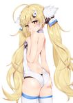  absurdres ahoge ass azur_lane back bad_hands bangs bare_arms bare_back bare_shoulders blonde_hair blush breasts butt_crack cowboy_shot dimples_of_venus eldridge_(azur_lane) expressionless eyebrows_visible_through_hair eyelashes flipped_hair from_side hair_ornament hairclip head_tilt heart heart_tattoo highres kong_lang_(skywave) leotard long_hair looking_at_viewer looking_back orange_eyes shiny shiny_clothes shiny_hair shiny_skin simple_background skindentation small_breasts solo tareme tattoo thighhighs twintails very_long_hair white_background white_legwear white_leotard 