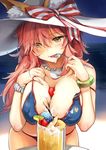  animal_ears bare_shoulders between_breasts bikini blue_bikini bow bracelet breasts cleavage day ears_through_headwear fate/grand_order fate_(series) food fox_ears fruit hat hat_bow highres holding jewelry large_breasts leaning_forward long_hair looking_at_viewer necklace outdoors pink_eyes smile solo spoon strawberry striped striped_bow summer sun_hat swimsuit tamamo_(fate)_(all) tamamo_no_mae_(swimsuit_lancer)_(fate) tropical_drink umakuchi_shouyu white_hat yellow_eyes 