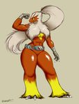  1girl 2017 absurdres arm_up artist_name beak beige_background belt blaziken blue_eyes breasts claws clenched_hand dated feet female flexing full_body furry hair_tie large_breasts legs_apart long_hair looking_down mega_stone muscle navel no_humans platinum_blonde pokemon pokemon_(creature) pokemon_rse ponytail shiny_skin signature simple_background sleepingeel solo standing text thick_thighs tied_hair very_long_hair yellow_sclera 