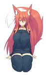  animal_ear_fluff animal_ears bangs bare_shoulders black_legwear black_neckwear black_sweater breasts choker commentary dress eyebrows_visible_through_hair fox_ears fox_girl fox_tail frown full_body hair_between_eyes highres large_breasts long_hair long_sleeves looking_at_viewer original red_hair seiza simple_background sitting sketch solo sub-res sweater sweater_dress tail thighhighs white_background yellow_eyes zettai_ryouiki 