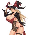  absurdres artist_name asymmetrical_legwear black_hat blonde_hair blue_eyes breasts cleavage dated fishnet_legwear fishnets halloween hat highres huge_breasts long_hair nail_polish nightmare-doom original red_nails smile solo standing very_long_hair witch witch_hat 