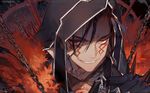 artist_name black_hair chain commentary_request cu_chulainn_alter_(fate/grand_order) earrings face facepaint fate/grand_order fate_(series) fur_trim grin hair_between_eyes half-closed_eyes hood hood_up jewelry kawacy lancer looking_at_viewer male_focus parted_lips red_eyes sharp_teeth smile spikes teeth upper_body 